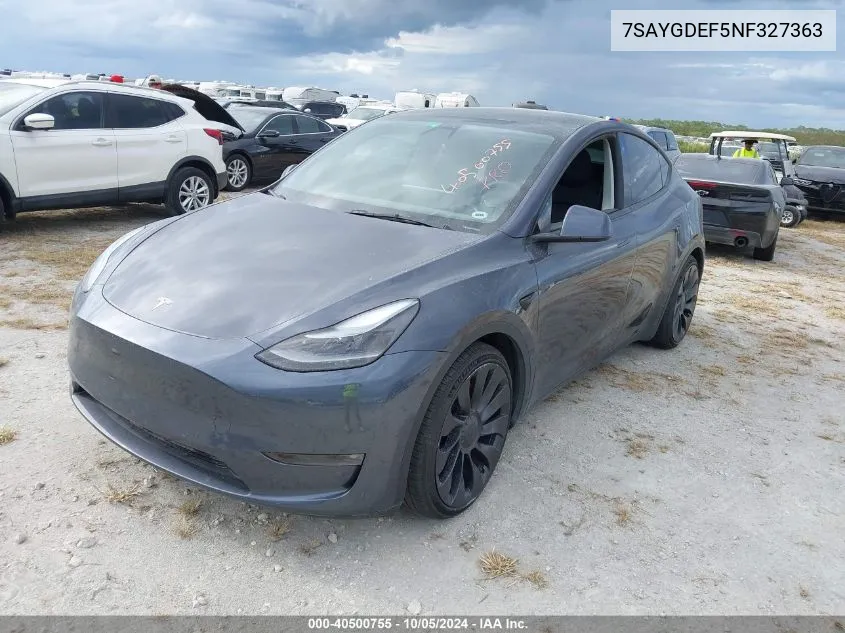 2022 Tesla Model Y VIN: 7SAYGDEF5NF327363 Lot: 40500755