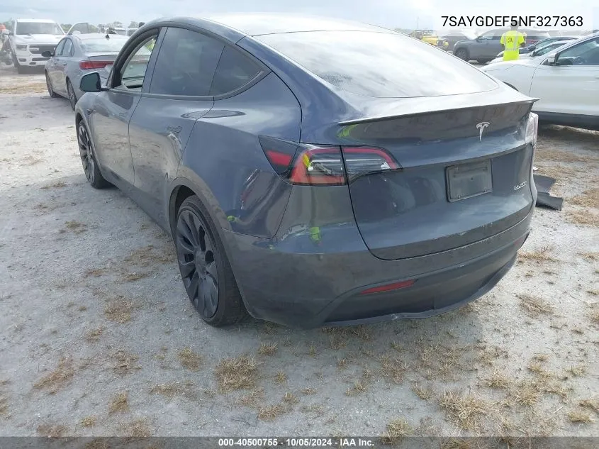 2022 Tesla Model Y VIN: 7SAYGDEF5NF327363 Lot: 40500755