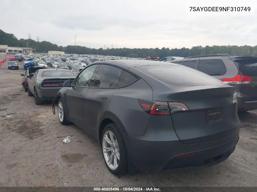 2022 Tesla Model Y Long Range Dual Motor All-Wheel Drive VIN: 7SAYGDEE9NF310749 Lot: 40505496