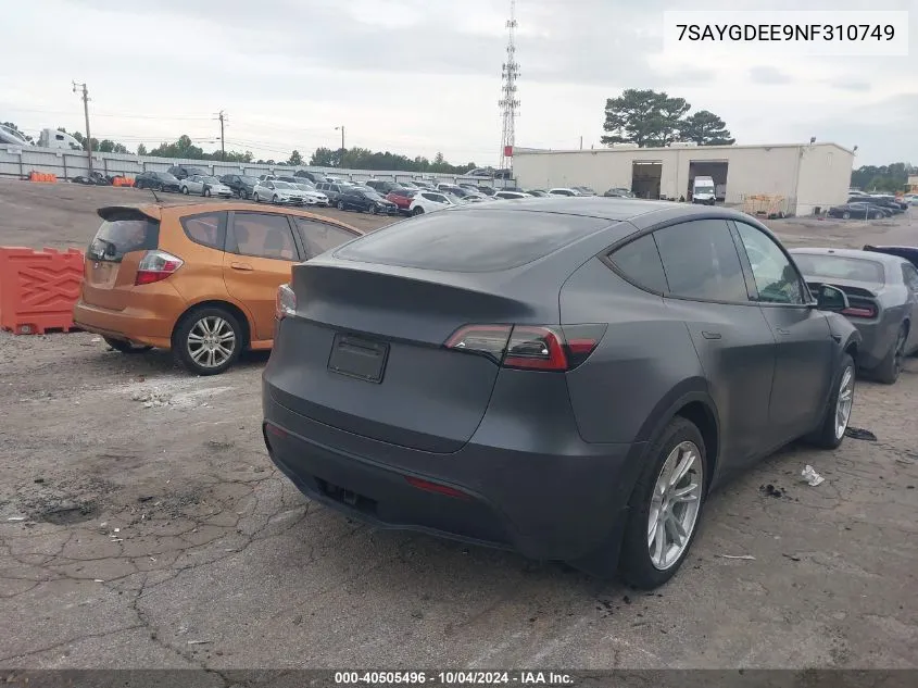 2022 Tesla Model Y Long Range Dual Motor All-Wheel Drive VIN: 7SAYGDEE9NF310749 Lot: 40505496