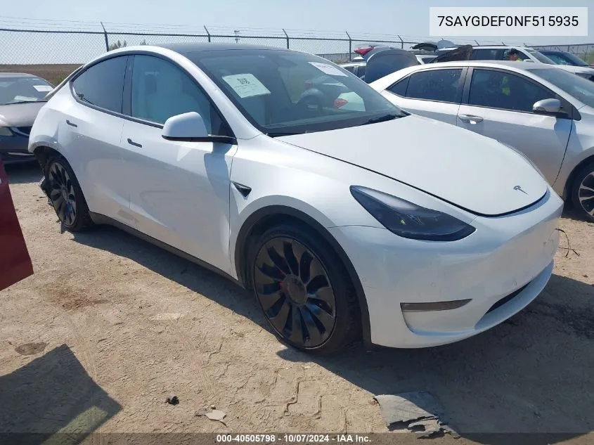 2022 Tesla Model Y VIN: 7SAYGDEF0NF515935 Lot: 40505798