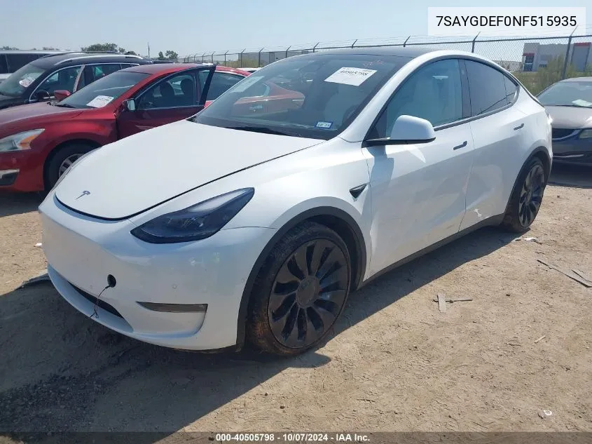 2022 Tesla Model Y VIN: 7SAYGDEF0NF515935 Lot: 40505798