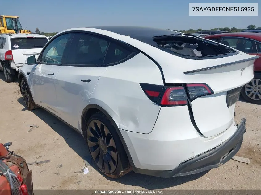 2022 Tesla Model Y VIN: 7SAYGDEF0NF515935 Lot: 40505798