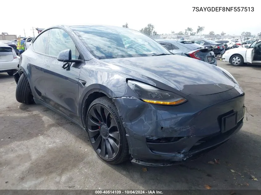 2022 Tesla Model Y Performance Dual Motor All-Wheel Drive VIN: 7SAYGDEF8NF557513 Lot: 40514109