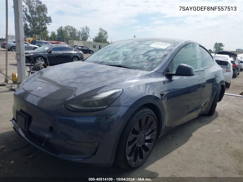 2022 Tesla Model Y Performance Dual Motor All-Wheel Drive VIN: 7SAYGDEF8NF557513 Lot: 40514109