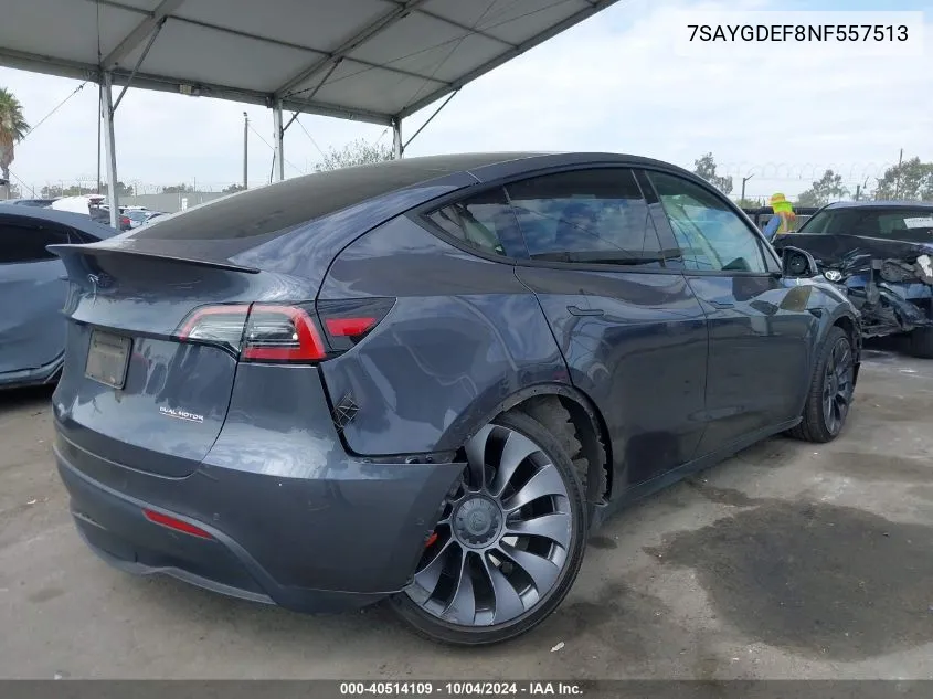 2022 Tesla Model Y Performance Dual Motor All-Wheel Drive VIN: 7SAYGDEF8NF557513 Lot: 40514109