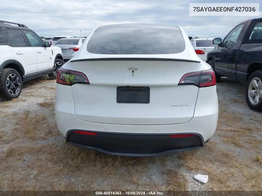 2022 Tesla Model Y Long Range Dual Motor All-Wheel Drive VIN: 7SAYGAEE0NF427036 Lot: 40514363