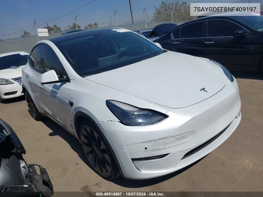 2022 Tesla Model Y Performance Dual Motor All-Wheel Drive VIN: 7SAYGDEF8NF409197 Lot: 40514567