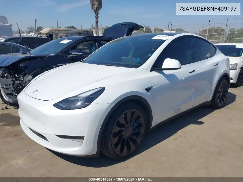 2022 Tesla Model Y Performance Dual Motor All-Wheel Drive VIN: 7SAYGDEF8NF409197 Lot: 40514567