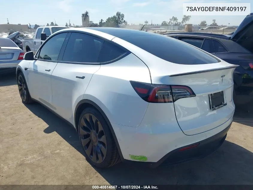 2022 Tesla Model Y Performance Dual Motor All-Wheel Drive VIN: 7SAYGDEF8NF409197 Lot: 40514567