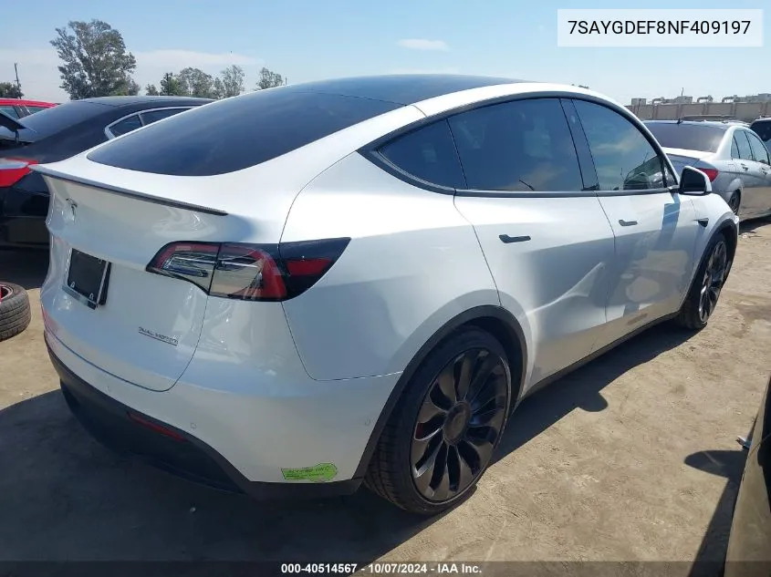 2022 Tesla Model Y Performance Dual Motor All-Wheel Drive VIN: 7SAYGDEF8NF409197 Lot: 40514567