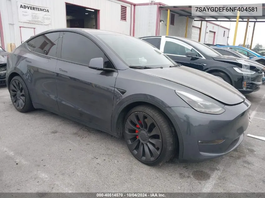 2022 Tesla Model Y Performance Dual Motor All-Wheel Drive VIN: 7SAYGDEF6NF404581 Lot: 40514570