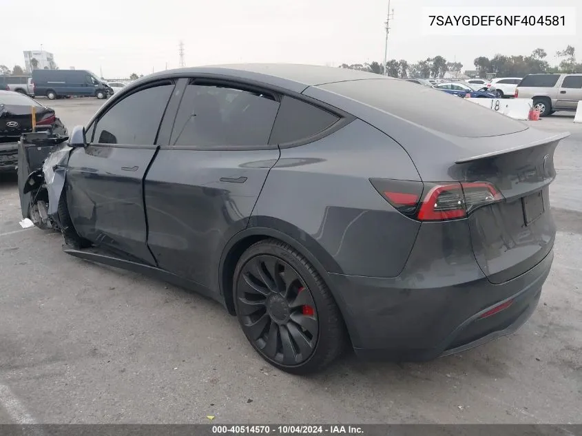 2022 Tesla Model Y Performance Dual Motor All-Wheel Drive VIN: 7SAYGDEF6NF404581 Lot: 40514570