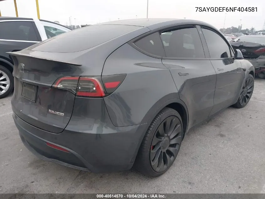 2022 Tesla Model Y Performance Dual Motor All-Wheel Drive VIN: 7SAYGDEF6NF404581 Lot: 40514570