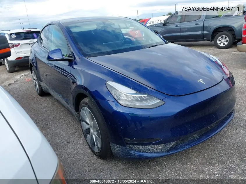 2022 Tesla Model Y VIN: 7SAYGDEE4NF494711 Lot: 40518072