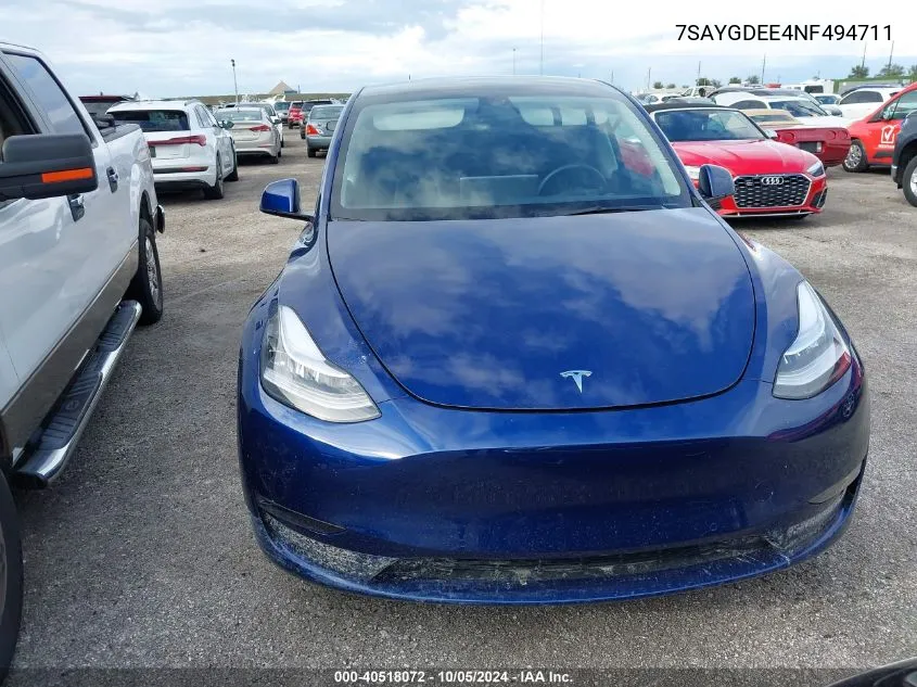 2022 Tesla Model Y VIN: 7SAYGDEE4NF494711 Lot: 40518072