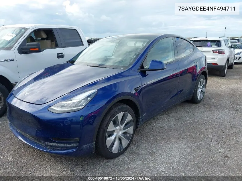 2022 Tesla Model Y VIN: 7SAYGDEE4NF494711 Lot: 40518072