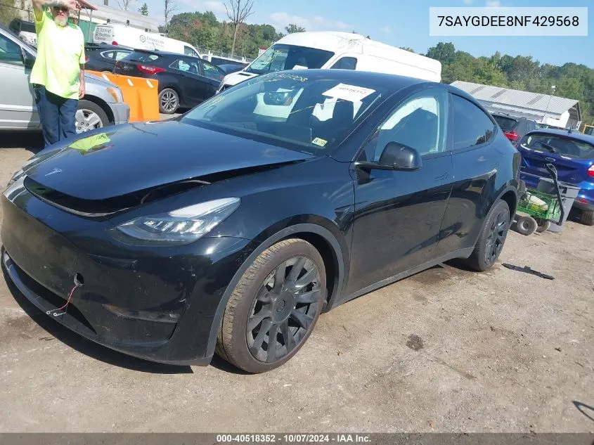 2022 Tesla Model Y VIN: 7SAYGDEE8NF429568 Lot: 40518352