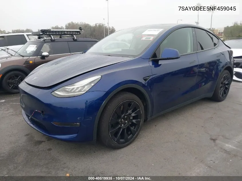 2022 Tesla Model Y Long Range Dual Motor All-Wheel Drive VIN: 7SAYGDEE5NF459045 Lot: 40519935