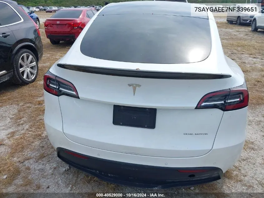 2022 Tesla Model Y Long Range Dual Motor All-Wheel Drive VIN: 7SAYGAEE7NF339651 Lot: 40529000