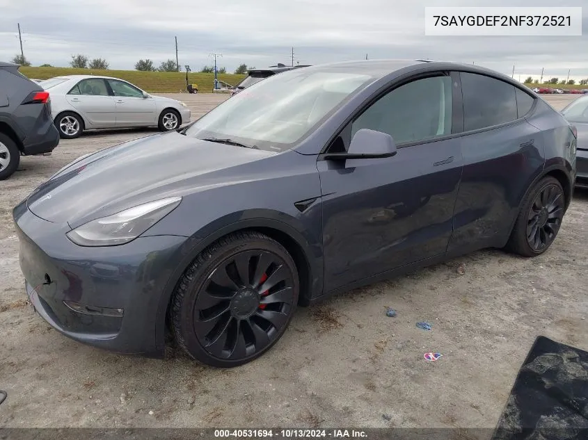 2022 Tesla Model Y Performance Dual Motor All-Wheel Drive VIN: 7SAYGDEF2NF372521 Lot: 40531694