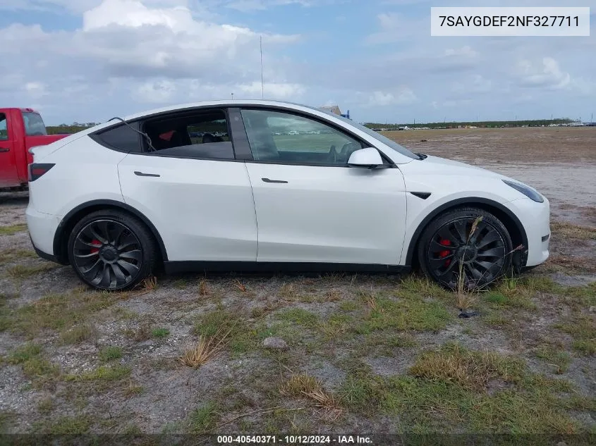 2022 Tesla Model Y Performance Dual Motor All-Wheel Drive VIN: 7SAYGDEF2NF327711 Lot: 40540371