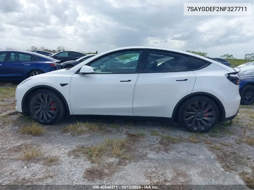 2022 Tesla Model Y Performance Dual Motor All-Wheel Drive VIN: 7SAYGDEF2NF327711 Lot: 40540371