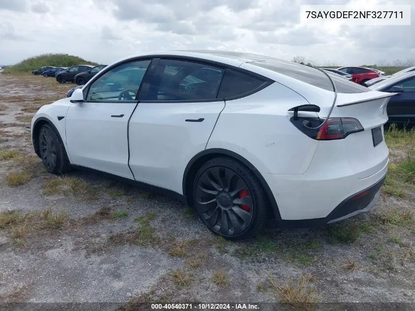 2022 Tesla Model Y Performance Dual Motor All-Wheel Drive VIN: 7SAYGDEF2NF327711 Lot: 40540371