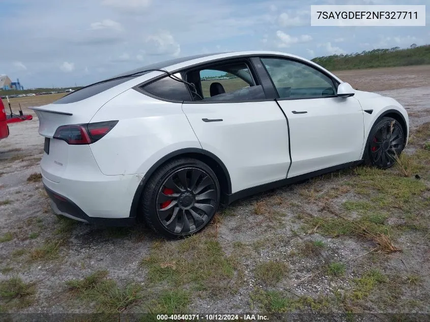 2022 Tesla Model Y Performance Dual Motor All-Wheel Drive VIN: 7SAYGDEF2NF327711 Lot: 40540371