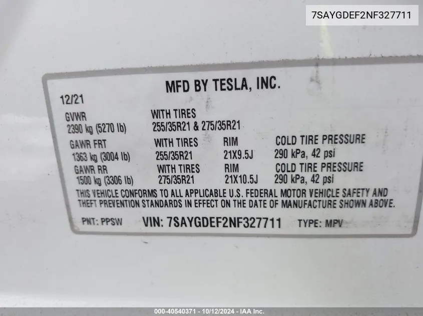 2022 Tesla Model Y Performance Dual Motor All-Wheel Drive VIN: 7SAYGDEF2NF327711 Lot: 40540371