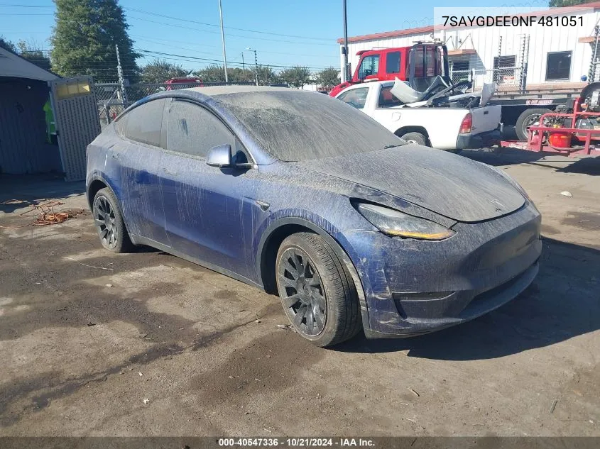 2022 Tesla Model Y Long Range Dual Motor All-Wheel Drive VIN: 7SAYGDEE0NF481051 Lot: 40547336