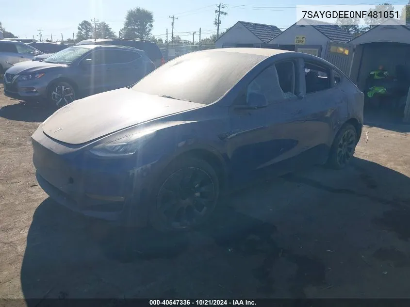 2022 Tesla Model Y Long Range Dual Motor All-Wheel Drive VIN: 7SAYGDEE0NF481051 Lot: 40547336