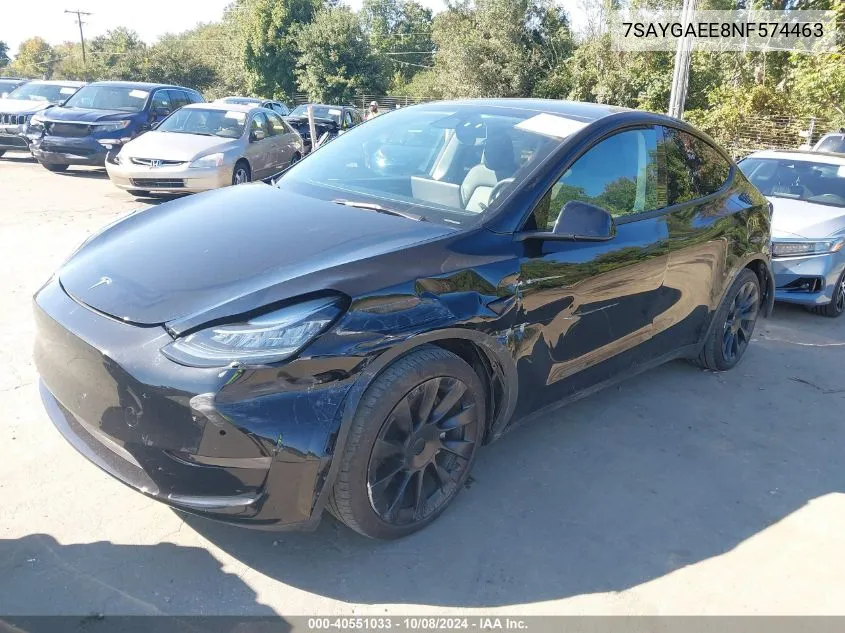 2022 Tesla Model Y Long Range Dual Motor All-Wheel Drive VIN: 7SAYGAEE8NF574463 Lot: 40551033