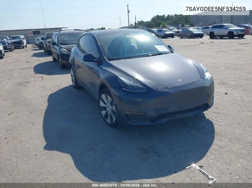 2022 Tesla Model Y Long Range Dual Motor All-Wheel Drive VIN: 7SAYGDEE5NF534259 Lot: 40552079