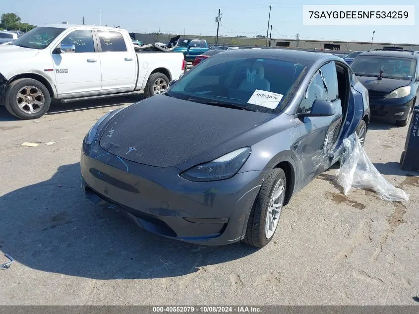 2022 Tesla Model Y Long Range Dual Motor All-Wheel Drive VIN: 7SAYGDEE5NF534259 Lot: 40552079