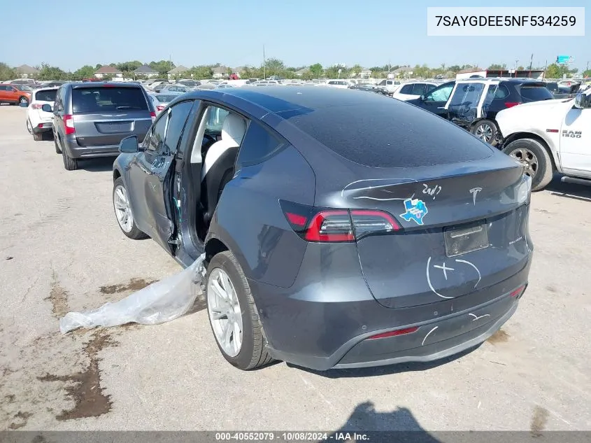 2022 Tesla Model Y Long Range Dual Motor All-Wheel Drive VIN: 7SAYGDEE5NF534259 Lot: 40552079