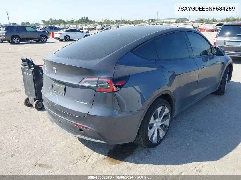 2022 Tesla Model Y Long Range Dual Motor All-Wheel Drive VIN: 7SAYGDEE5NF534259 Lot: 40552079