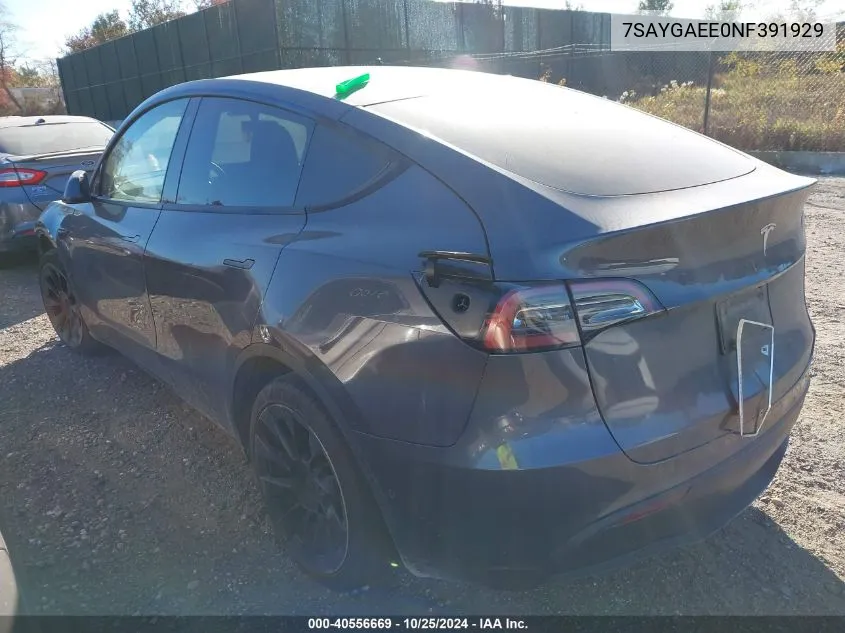 2022 Tesla Model Y Long Range Dual Motor All-Wheel Drive VIN: 7SAYGAEE0NF391929 Lot: 40556669