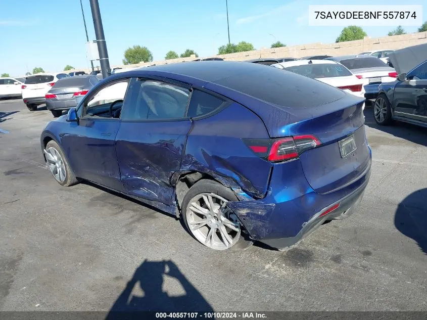 2022 Tesla Model Y Long Range Dual Motor All-Wheel Drive VIN: 7SAYGDEE8NF557874 Lot: 40557107