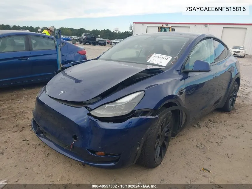 2022 Tesla Model Y Long Range Dual Motor All-Wheel Drive VIN: 7SAYGAEE6NF515816 Lot: 40557332