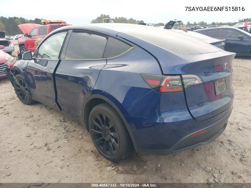 2022 Tesla Model Y Long Range Dual Motor All-Wheel Drive VIN: 7SAYGAEE6NF515816 Lot: 40557332