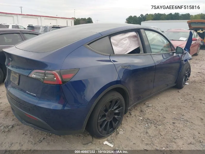 2022 Tesla Model Y Long Range Dual Motor All-Wheel Drive VIN: 7SAYGAEE6NF515816 Lot: 40557332