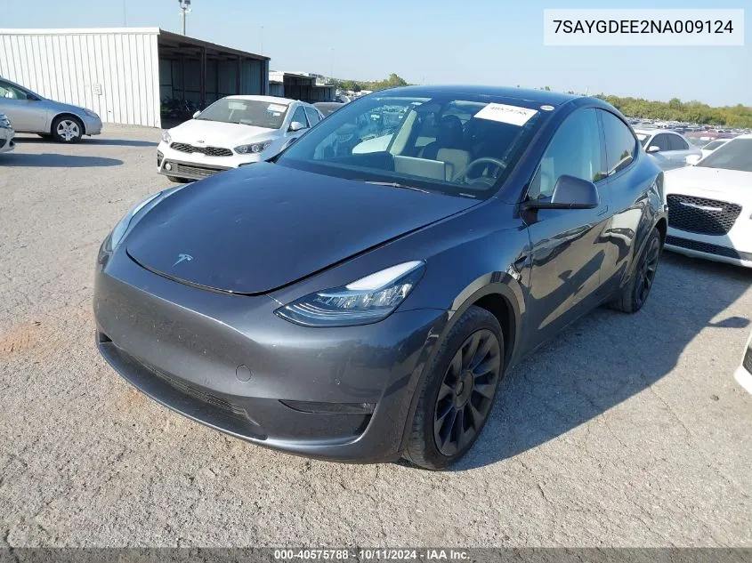 2022 Tesla Model Y Long Range Dual Motor All-Wheel Drive VIN: 7SAYGDEE2NA009124 Lot: 40575788