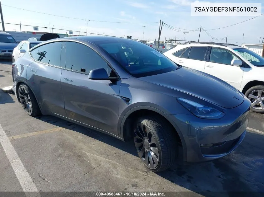 2022 Tesla Model Y Performance Dual Motor All-Wheel Drive VIN: 7SAYGDEF3NF561002 Lot: 40583467