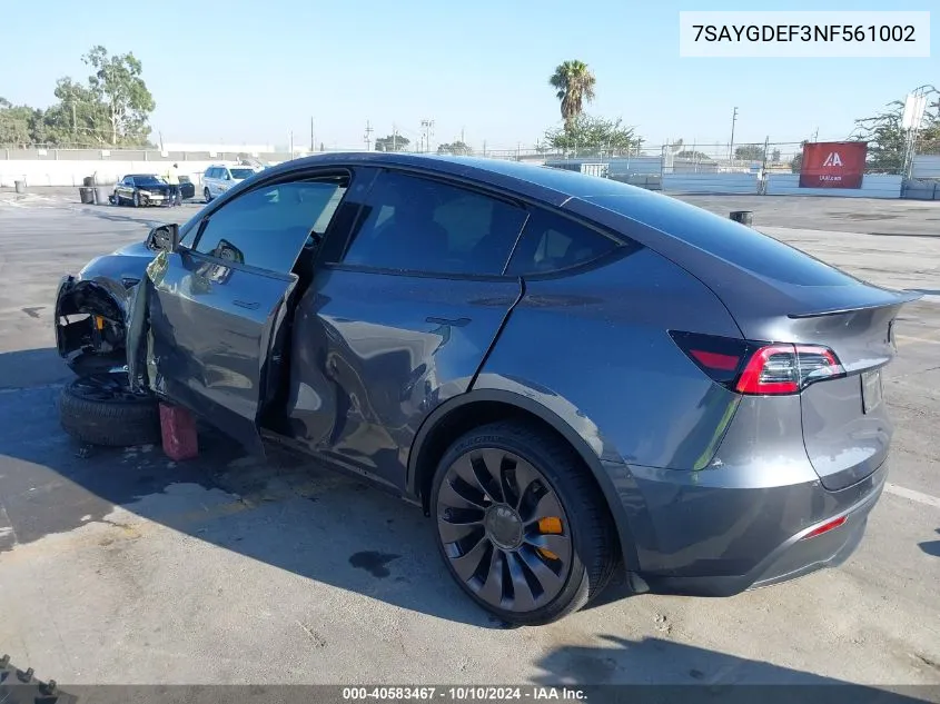 2022 Tesla Model Y Performance Dual Motor All-Wheel Drive VIN: 7SAYGDEF3NF561002 Lot: 40583467