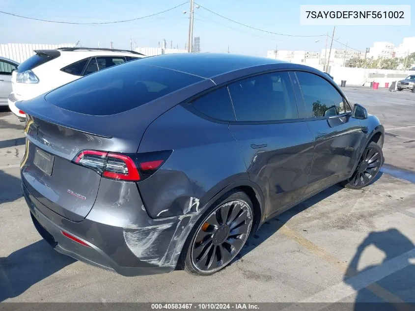 2022 Tesla Model Y Performance Dual Motor All-Wheel Drive VIN: 7SAYGDEF3NF561002 Lot: 40583467