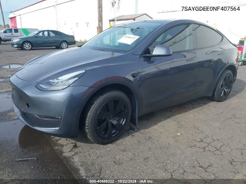 2022 Tesla Model Y Long Range Dual Motor All-Wheel Drive VIN: 7SAYGDEE0NF407564 Lot: 40588322