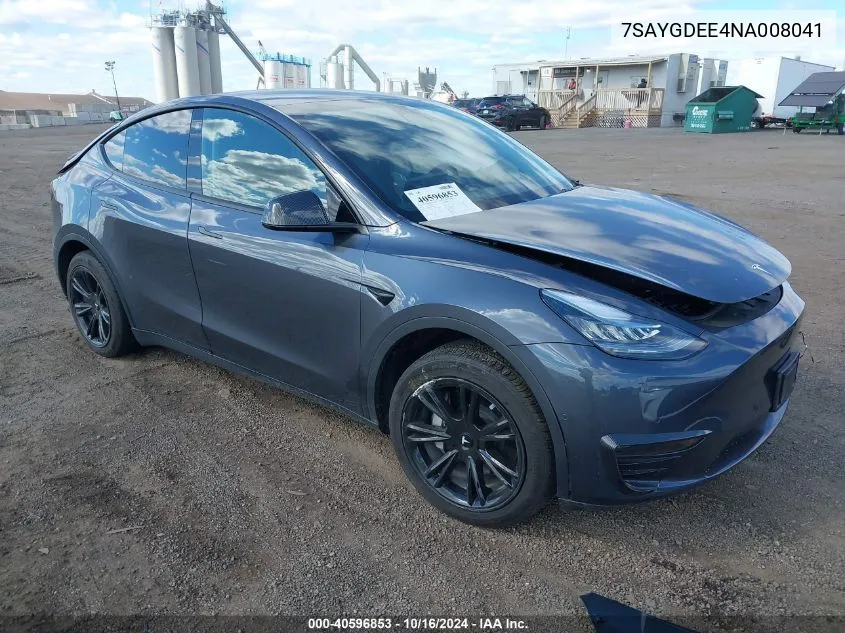 2022 Tesla Model Y Long Range Dual Motor All-Wheel Drive VIN: 7SAYGDEE4NA008041 Lot: 40596853