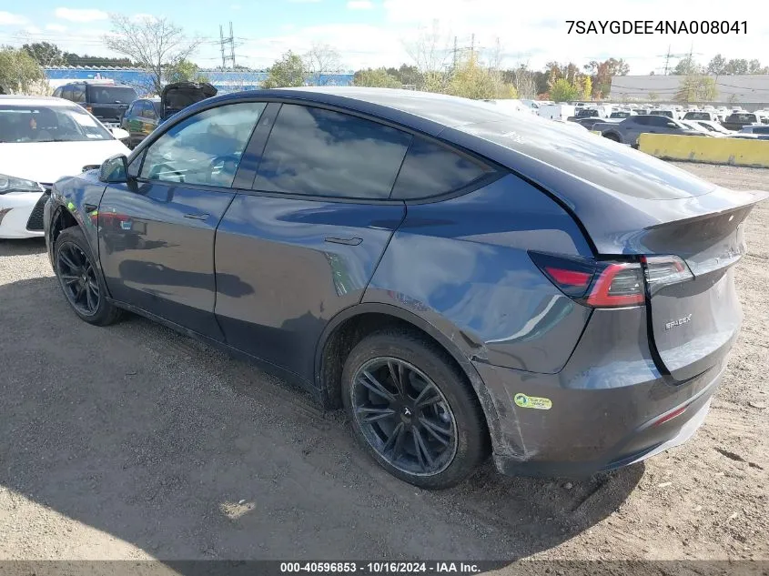 2022 Tesla Model Y Long Range Dual Motor All-Wheel Drive VIN: 7SAYGDEE4NA008041 Lot: 40596853