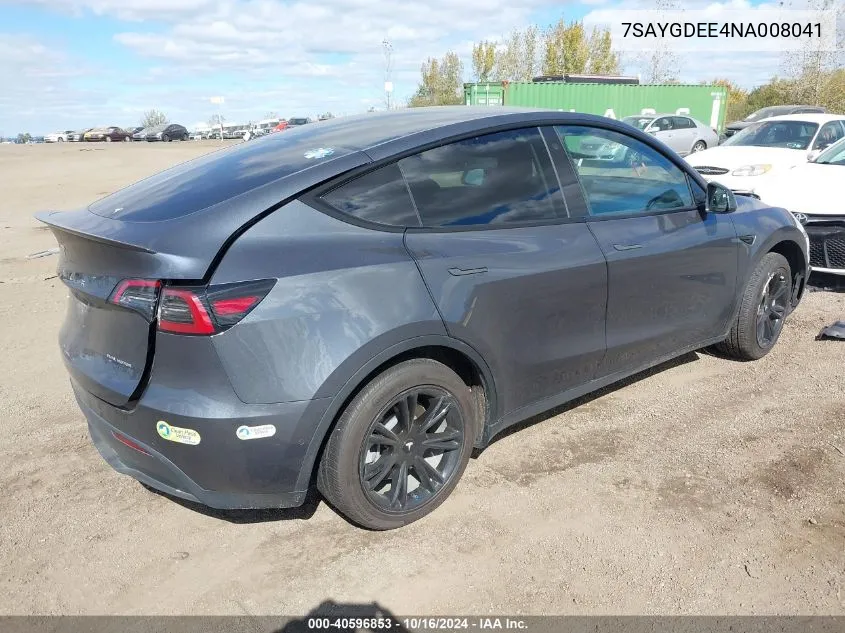 2022 Tesla Model Y Long Range Dual Motor All-Wheel Drive VIN: 7SAYGDEE4NA008041 Lot: 40596853